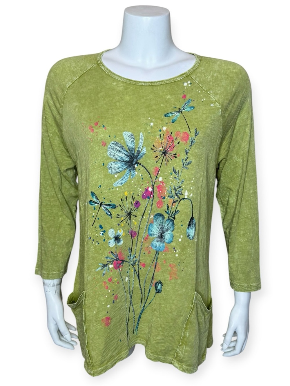 Jess & Jane Slub-knit Floral Green Top Tunic M Pockets Asymmetric Hem